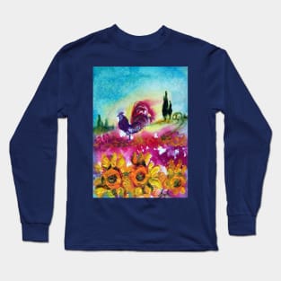 SUNFLOWERS, POPPIES AND BLACK ROOSTER IN BLUE SKY Long Sleeve T-Shirt